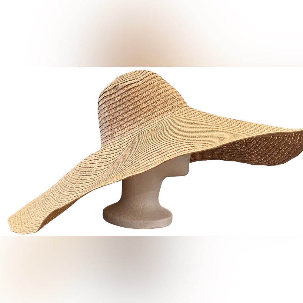 Oversized Beach TAN Straw Hat Wide Brim Handmade Roll Up  OS